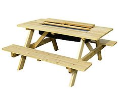 a wooden picnic table with two benches on the bottom and one bench up against it