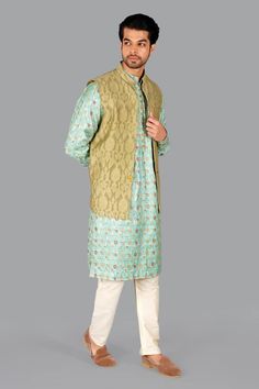 Sage green handwoven banarasi silk nehru jacket with cutwork embroidery. - Aza Fashions Designer Green Nehru Jacket With Resham Embroidery, Designer Green Chanderi Nehru Jacket, Traditional Green Outerwear With Chikankari Embroidery, Festive Green Chanderi Nehru Jacket, Traditional Green Outerwear With Stand Collar, Traditional Green Stand Collar Outerwear, Green Nehru Jacket In Chanderi Straight Kurta Style, Green Chanderi Nehru Jacket In Straight Kurta Style, Designer Green Nehru Jacket With Zari Work