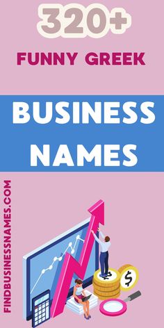 a pink poster with the words funny greek business names