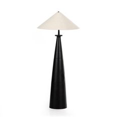 a black lamp with a white shade on the top and bottom, in front of a white background