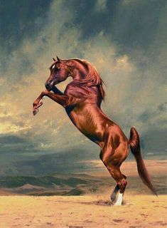 a painting of a horse rearing up its hind legs in the desert with clouds overhead