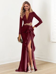 Sheath/Column V-Neck Long Sleeves Mother of the Bride Dresses Whit Cre - Mondressy Fall Banquet V-neck Evening Dress, Fall Embellished Floor-length Dresses, Elegant Embellished Maxi Dress For Fall, Elegant Embellished Fall Maxi Dress, Embellished V-neck Fall Dresses, Embellished Fall Prom Dresses, Fall Embellished V-neck Dresses, V-neck Evening Dress For Fall Gala, Fall V-neck Evening Dress For Gala