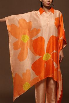 Orange Kaftan With Kimono Sleeves For Spring, Orange Spring Kaftan With Kimono Sleeves, Silk Kurta With Printed Motifs For Summer, Bollywood Style Silk Summer Kurta, Spring Silk Tunic Set, Silk Palazzo Set With Straight Kurta For Spring, Spring Silk Palazzo Set With Straight Kurta, Silk Palazzo Set With Printed Motifs For Summer, Silk Bollywood Style Palazzo Set For Summer