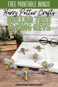 harry potter crafts dollar tree flying keys on an open book with the title free printable wings