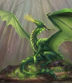 a green dragon sitting in the middle of a forest