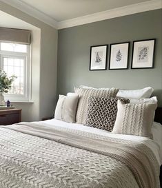 a large bed sitting in a bedroom next to a window with three framed pictures on the wall