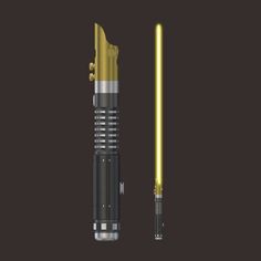 a yellow light saber is next to a black object that looks like it has been made out of metal