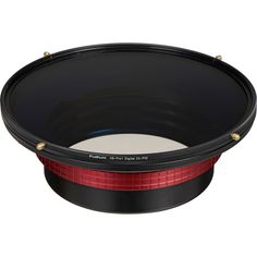 an image of a camera lens with red and black stripes on the bottom, in front of a white background