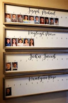 three framed family photos are hanging on the wall in front of each other with names