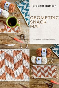 the crochet pattern for geometric snack mat is shown with yarn, scissors and knitting needles