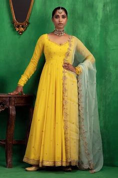 Shop for Jigar Mali Yellow Georgette Embroidered Anarkali Set for Women Online at Aza Fashions Yellow Anarkali Suits, V Neck Anarkali, Yellow Anarkali, Yellow Embroidery, Cozy Sweater Dress, Desi Wedding Dresses, Traditional Attires, Embroidered Anarkali, Anarkali Dress Pattern