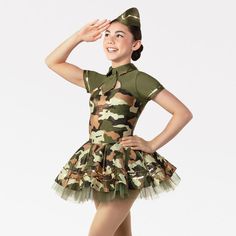 Camouflage foil dot spandex leotard has spandex trunks, as well as matching attached collar, tie, yoke, and sleeves. The bodice has a keyhole, sequin trim details, and hook closure at the neckline. Attached skirt has layers of tulle under a camouflage foil dot spandex peplum edged in sequin trim. Includes envelope cap, bobby pins, hanger, and garment bag. #revolutiondancewear #recitalcostume #military #army #uso #jazz #character #tap #skirt Revolution Costumes, Carnival Girl, Character Costume, Iphone 2, Costume Collection, Military Army, Garment Bag, Business Solutions, Trim Detail