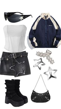 an assortment of clothing and accessories including sunglasses, jacket, belted shirt, jeans shorts