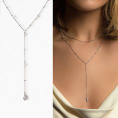 Necklace for Bridal, Bridal Necklaces, Dainty Jewelry, Wedding Necklaces, Long Necklace, Wedding Jewelry for Brides, Cubic Zirconia Necklace ► SHOP ALL SILVER BRIDAL NECKLACES: https://etsy.me/3o235B7 ► Spend $200 | Receive 10% OFF Your Order with Code: 10OFF200 ► Please note in your order when your wedding date is Made with cubic zirconia crystals in combination with our fresh water pearls, this delicate 14k White Gold chain is simple but takes your outfit to the next level. Style with a V-neck Silver Lariat Layered Necklace For Gift, Wedding Dangle Chain Necklace With Adjustable Chain, Wedding Necklace With Adjustable Dangle Chain, Wedding Chain Necklace With Adjustable Dangle, Silver Wedding Clavicle Chain Layered Necklace, Wedding Delicate Lariat Chain Necklace, Silver Layered Necklace For Wedding, Silver Layered Clavicle Chain Necklace For Wedding, Silver Lariat Layered Necklace