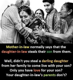 some people are hugging each other in front of a black and white photo with the words mother - in - law normally says that the daughter - in law steals their son from them