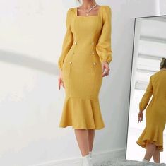 Elegant Plaid Ruffle Hem Square Neck Long Sleeves Mermaid Midi Slim Fit Non-Stretch Tweed Orange Silk Dress, White Fringe Dress, Short Sundress, Summer Cocktail Dress, Dresses Yellow, Blue Floral Midi Dress, Bright Color Dresses, Cami Midi Dress, Spotted Dress