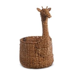 a wicker basket with a giraffe head in it