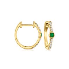 Ross-Simons - Emerald, Diamond-Accented Huggie Hoop Earrings in 14kt Yellow Gold. 3/8". RS Pure. Create the perfect stackable look with delicate, pretty jewelry. Our dainty huggie hoop earrings show off diamond and emerald accents for a just-right mix of velvety color and icy twinkle. Finely crafted in 14kt yellow gold. Wear this pair with simple studs for a contemporary ear stack. Hanging length is 3/8". Hinged post, diamond and emerald-accented huggie hoop earrings. Emerald birthstones are the Stackable Yellow Gold Hoop Earrings Fine Jewelry, Elegant Stackable 14k Gold Earrings, Elegant Yellow Gold Stackable Huggie Earrings, Elegant 14k Gold Stackable Earrings, Stackable Yellow Gold Earrings Fine Jewelry, Stackable Yellow Gold Fine Jewelry Earrings, Yellow Gold Stackable Fine Jewelry Earrings, Yellow Gold Stackable Earrings Fine Jewelry, Stackable Yellow Gold Hoop Earrings For Anniversary