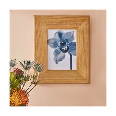 an image of a blue flower in a wooden frame on the wall next to a potted plant