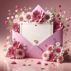 an open envelope with pink flowers and hearts on the inside is surrounded by confetti