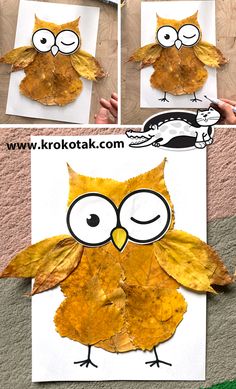 an owl made out of leaves is shown in four different pictures, including one with eyes and