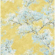 a yellow and blue floral wallpaper with white flowers on the branches in front of a gold background