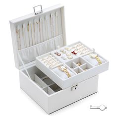 an open white jewelry box on a white background