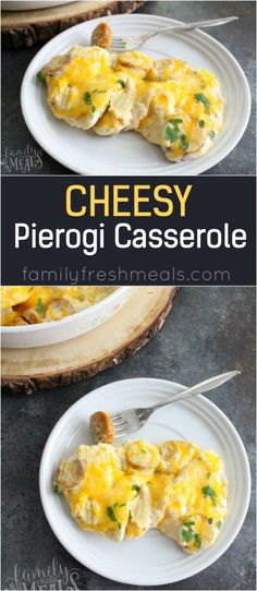 cheesy pierogi casserole on a white plate