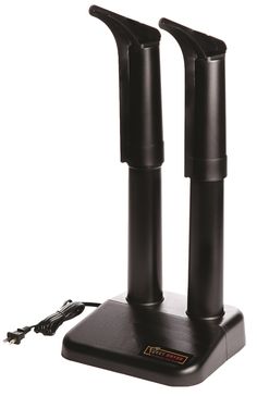 two black speakers sitting on top of a stand with one speaker plugged into it