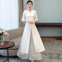 Item Title. Material US L=Asian XXL 170-175 65-70. Fitted Spring Sets With Stand Collar, Spring Fitted Sets With Stand Collar, White Long Sets For Spring, Spring Wedding Sets With Stand Collar, Fitted Long Sets For Summer, White Full-length Spring Sets, White Full Length Spring Sets, Embroidery Long Dress, Ao Dai Modern