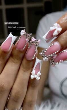 Birthday Nails White And Silver, Dunk Nail Ideas, Cute And Classy Nails, Stalitoes Nails Design, I Luv Me Nails, White Boujee Nails, Long French Nail Designs, Matching Sets Nails And Toes, Nail Designs Birthday