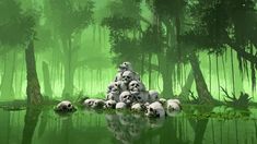 there are many skulls that are in the water and trees on the shore, all stacked up together