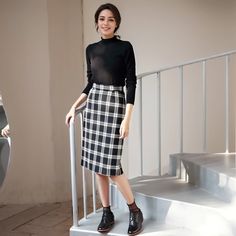 Olivia Mark - Shenghong Vintage Plaid Midi Pencil Skirt with High Waist and Wool Blend Puffy Skirt, Midi Pencil Skirt, Wrap Around Skirt, Half Skirt, Skirt Vintage, Midi Skirt Pencil, Pink Tulle, Vintage Plaid, Types Of Skirts