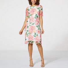 Nina Leonard Printed Floral Lace Sheath Dress   This effortless dress stays the stylish course throughout the seasons and perfect for any occasion. Spring Sheath Shift Dress, Shift Sheath Dresses For Spring, Spring Sheath Shift Midi Dress, Spring Sheath Midi Shift Dress, Elegant Floral Print Shift Dress, Spring Celebration, Lace Sheath Dress, Lace Fashion, The Seasons