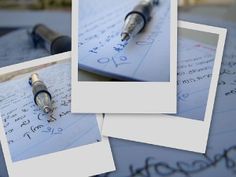 three photos of writing and fountain pens on top of an open notebook with handwritten letters