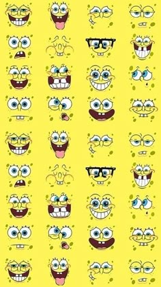 an image of many different faces on a yellow background, with glasses and mouth shapes