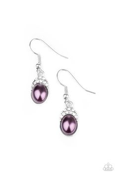 A pearly purple bead is pressed into a dainty silver frame crowned in glassy white rhinestones for a glamorous look. Earring attaches to a standard fishhook fitting.

 Sold as one pair of earrings. Pink Jewels, Glamorous Look, Purple Pearl, Purple Earrings, Fish Hook Earrings, Paparazzi Accessories, White Rhinestone, Paparazzi Jewelry, Silver Frame