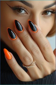 Orange With Black Tip Nails, Matte Black And Orange Nails, Black And Orange Chrome Nails, Black Snd Orange Nails, Black Nails With Orange Tips, Orange And Black Nails Acrylic, Black Nails With Orange, Orange Black And White Nails, Black Orange Nails