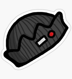 a black and grey helmet sticker with red eyes on the bottom, in front of a white background