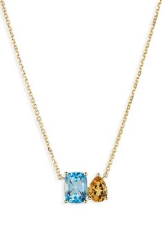 Nestled pendants of blue topaz and yellow citrine add a pop of color to this elegant chain necklace handcrafted from polished 14-karat gold. 16" length; 2" extender; 3/8" square pendant   14k gold/topaz/yellow citrine   Imported   Certified member of the Responsible Jewellery Council (RJC), which sets standards for supply chain integrity and sustainability throughout the global jewelry and watch industries Topaz Jewelry Yellow, Gold Multi-stone Blue Topaz Jewelry, Gold Necklace With Blue Topaz Briolette, Gold Briolette Blue Topaz Necklace, Luxury Topaz Birthstone Necklace, Gold Topaz Birthstone Necklace, Elegant Gold Multi-stone Birthstone Necklace, Gold Topaz Multi-stone Jewelry, Gold Topaz Necklace In Fine Jewelry Style