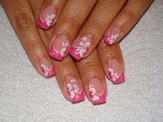 2000s Hibiscus Nails, 2000s Summer Nails, 2000s Nails, Pink Flower Nails, Nails Y2k, Casual Nails, Classy Acrylic Nails