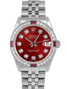 Luxury Red Watches With Date Indicator, Red Watches With Diamond Hour Markers, Luxury Red Watch With Date Indicator, Red Watch With Date Indicator And Round Dial, Classic Red Round Watch, Classic Red Watches With Date Display, Timeless Red Watches With Diamond Hour Markers, Timeless Red Watch With Diamond Hour Markers, Formal Red Watch With Date Indicator