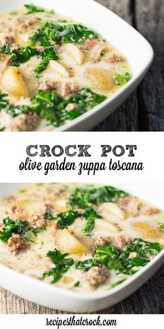 two pictures of crock pot olive garden soup with potatoes and spinach in a white bowl