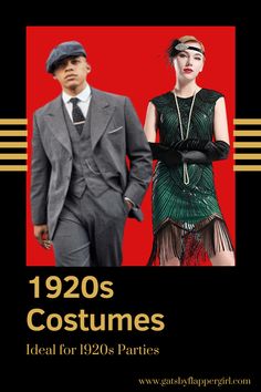 an advertisement for 1920's costumes featuring a man and woman