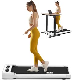 a woman is walking on a treadmill and using her laptop computer to do exercises