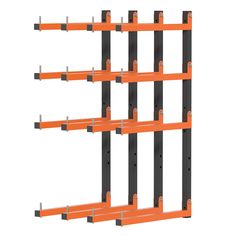 an orange and black rack with four shelves