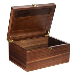 an open wooden box with brass handles on a white background and the lid is closed