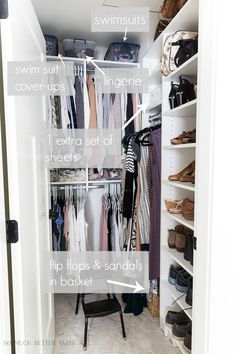 an organized closet with clothes, shoes and other items labeled on the bottom shelf for storage