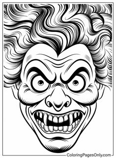 an evil clown's face with wavy hair in the shape of a mask, coloring page only