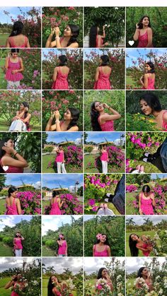 a collage of photos showing different women in pink dresses and white pants, one with her hand on her head